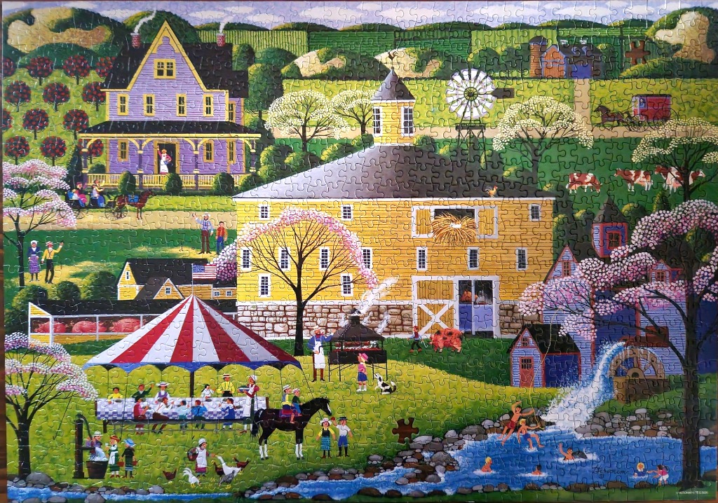 A nostalgic folk art scene of a rural farmstead during a springtime community gathering.