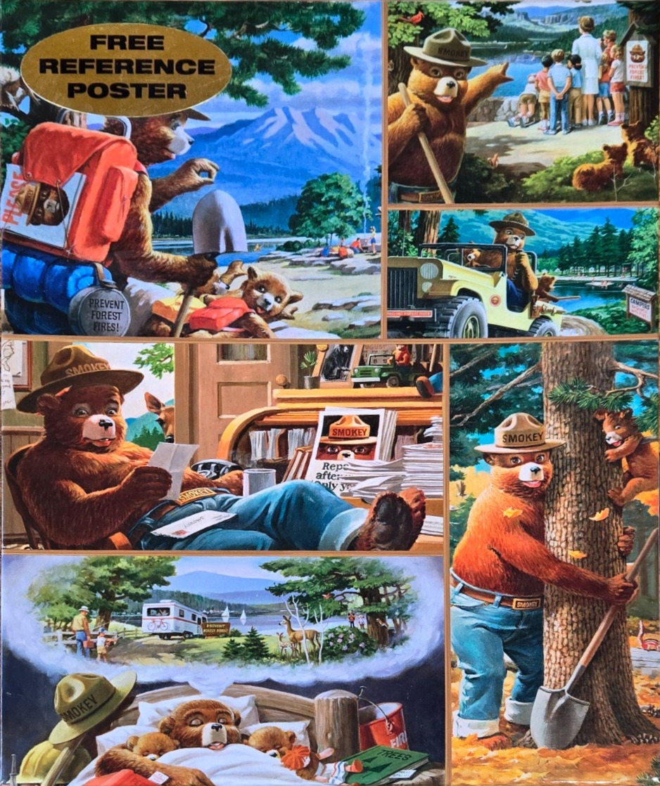 Collage of illustrations featuring Smokey Bear in various outdoor and domestic forest-themed settings.