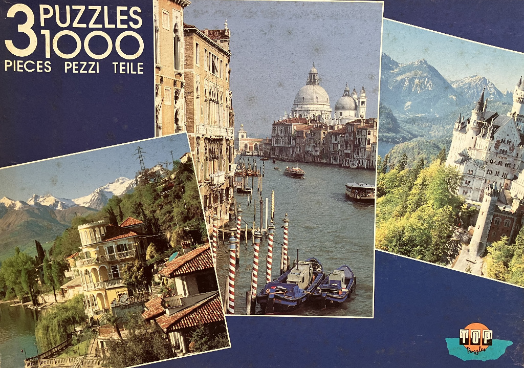 A collage of three European travel scenes: a lakeside villa, the Venice Grand Canal, and Neuschwanstein Castle.