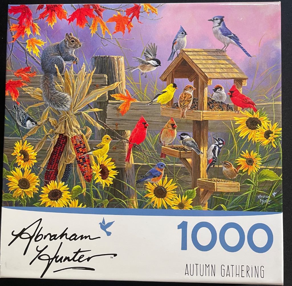 A squirrel and many colorful songbirds gathered around a wooden bird feeder in an autumn garden with sunflowers.