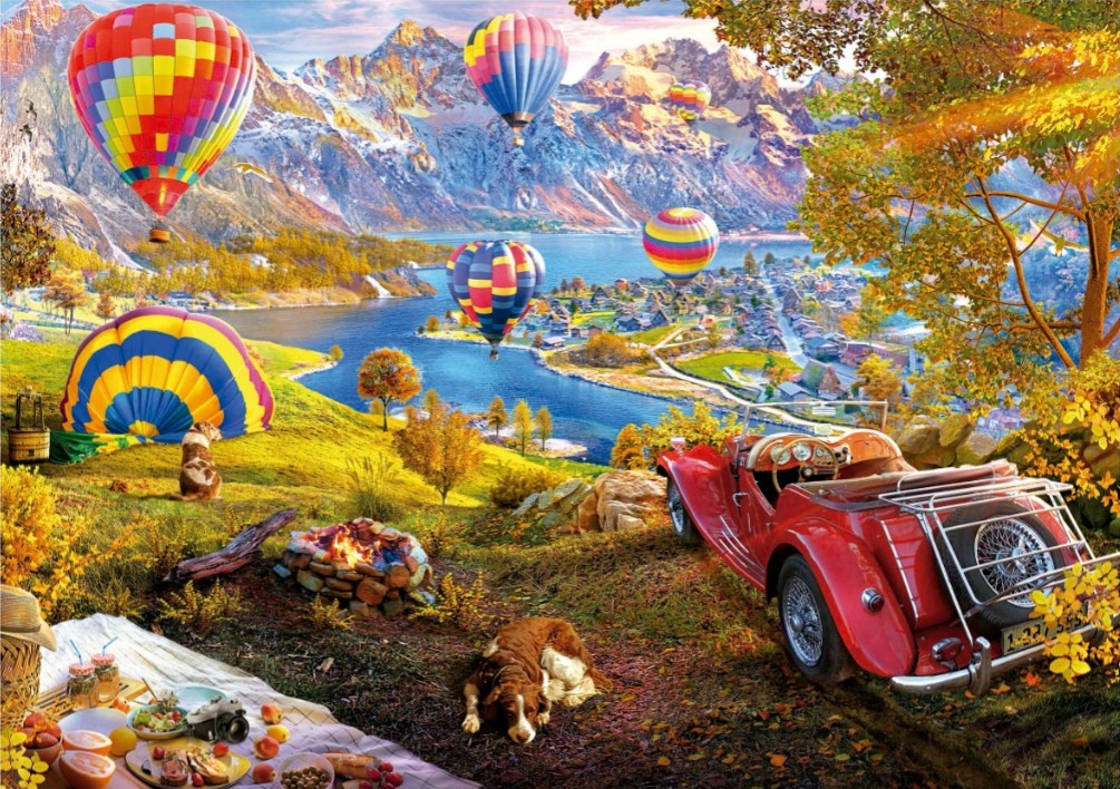 A sunny autumn landscape with hot air balloons over a lake, a classic red car, and a picnic in the foreground.