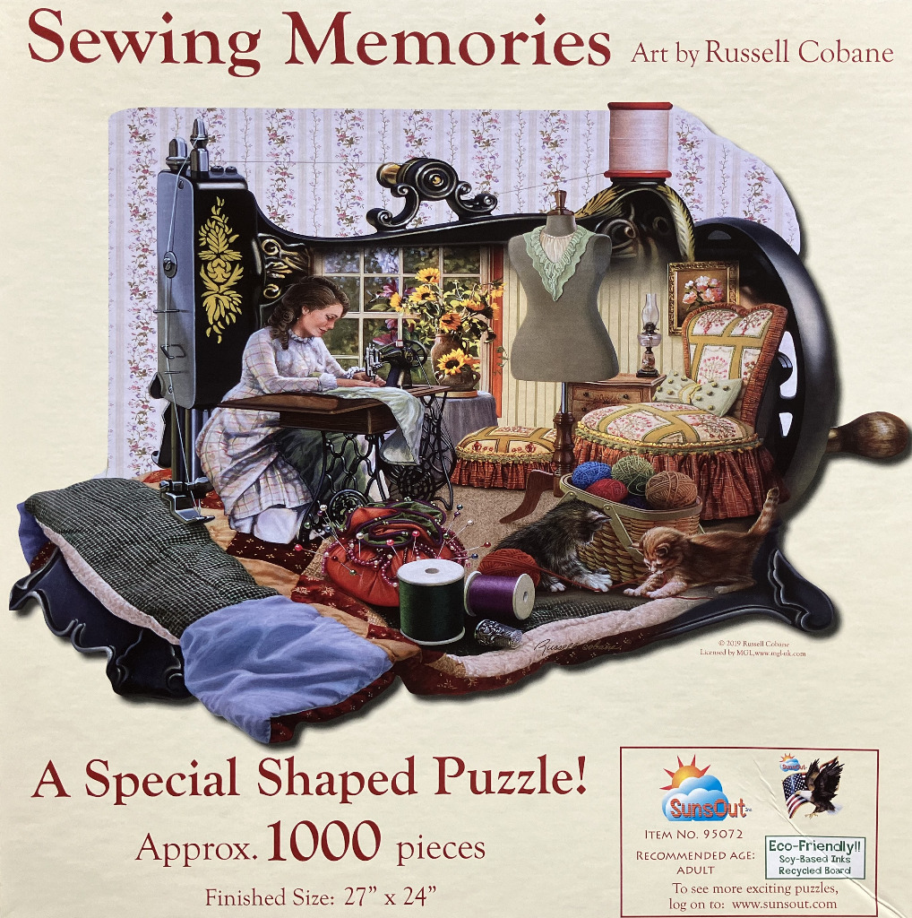 Illustration of a woman sewing in a vintage room shaped like a large antique sewing machine.