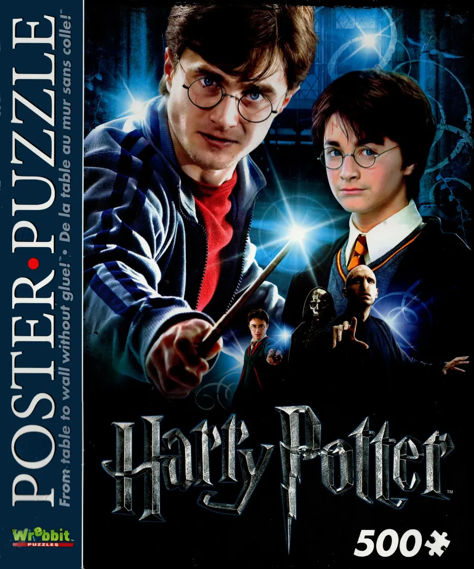 A montage of Harry Potter characters including Harry, Voldemort, and the Death Eater against a dark blue background.