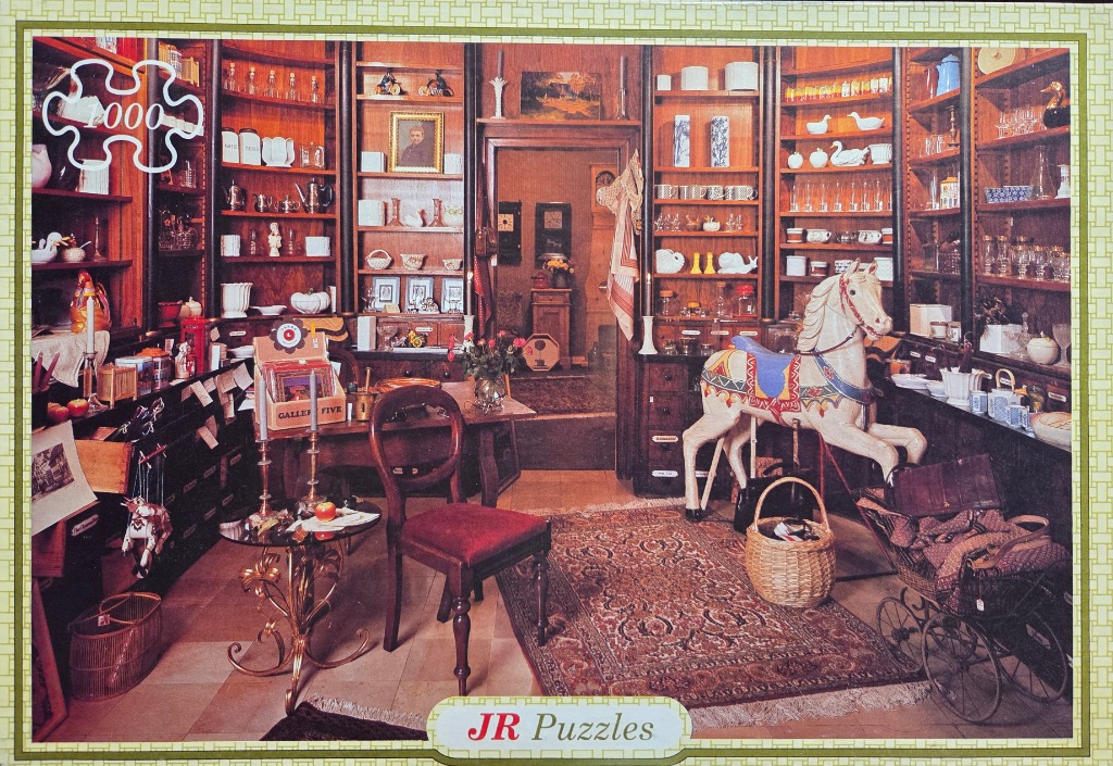 An antique-filled shop interior featuring shelves of knick-knacks, a toy rocking horse, and a vintage pram.