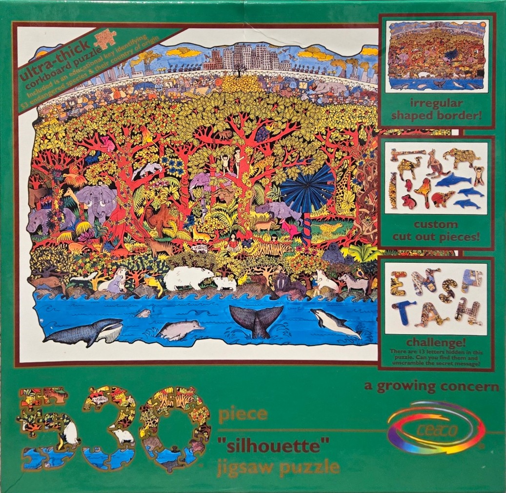 A densely populated, colorful jungle scene with diverse wildlife, a city skyline in the distance, and an ocean in the foregro