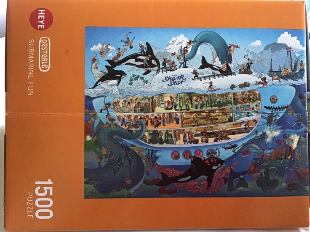 Whimsical illustration of orcas, submarines, and people in a vibrant undersea scene.