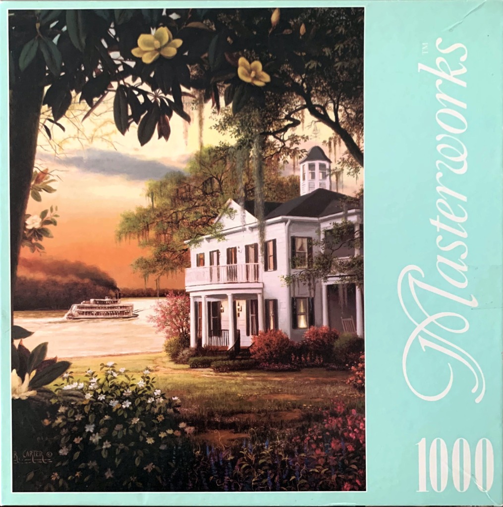 An oil painting of a white Southern mansion beside a river at sunset with a steamboat in the distance.