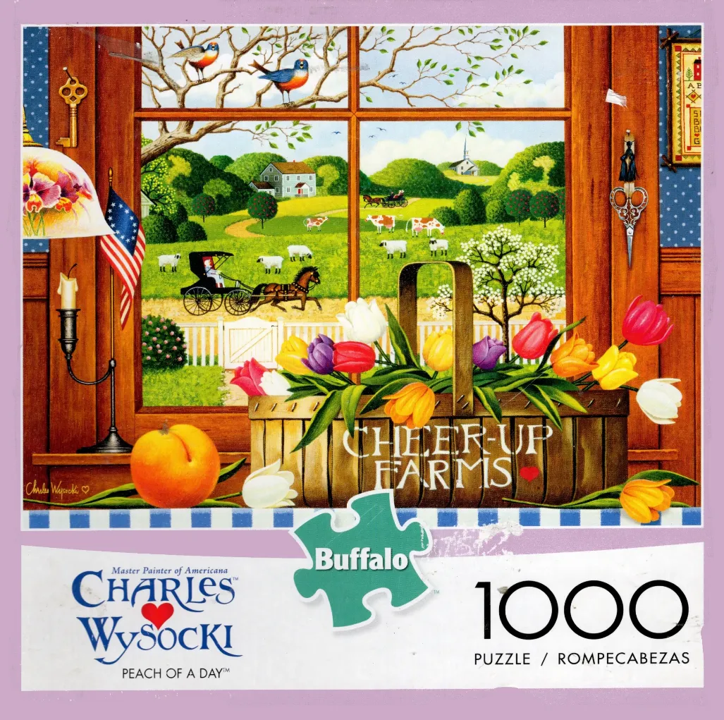 A folk art painting of a pastoral landscape seen through a window filled with flowers.