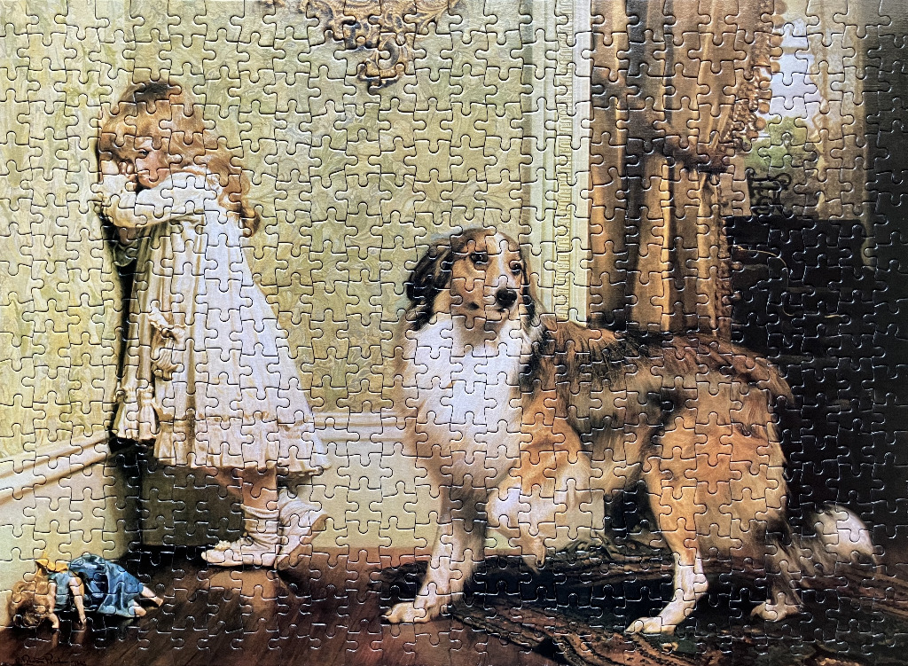 A Victorian-style painting of a young girl playing hide-and-seek with a collie dog.