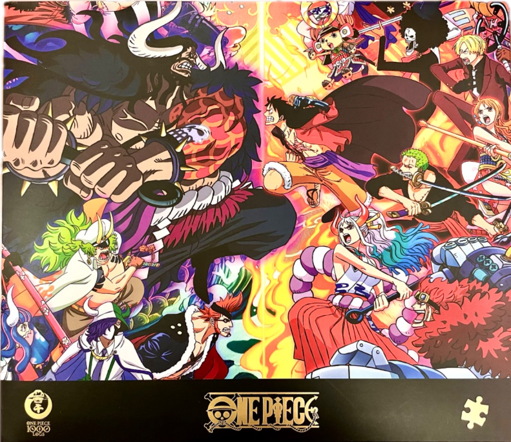 Anime illustration depicting a massive battle between opposing groups of characters from One Piece.