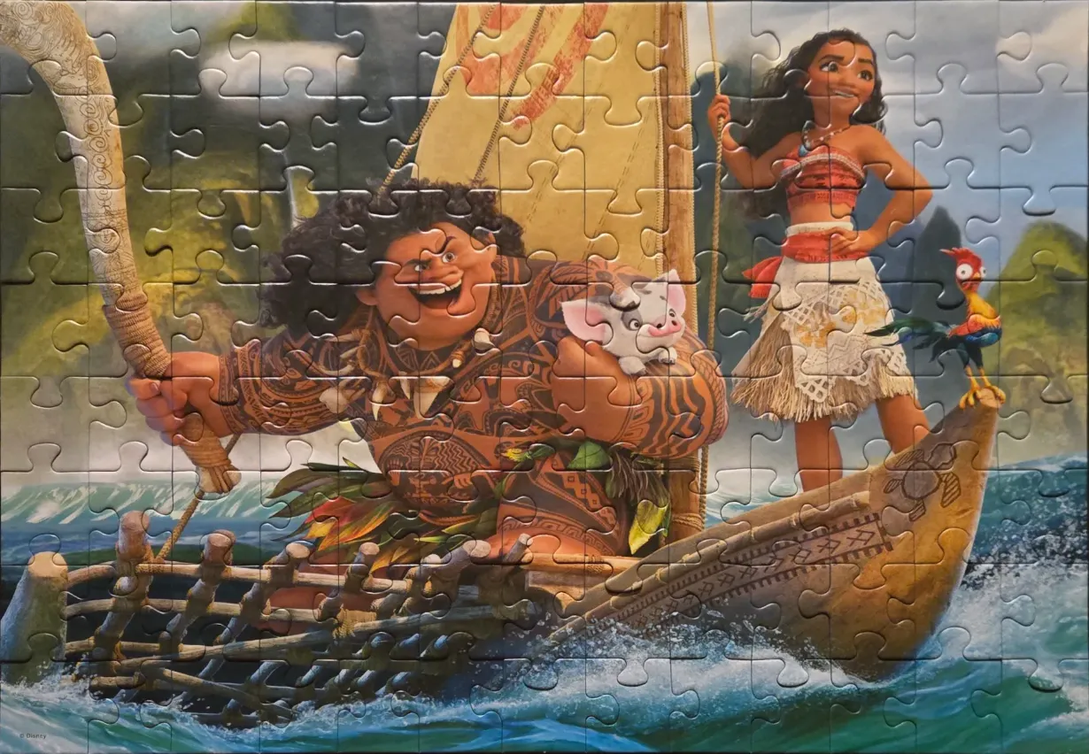Moana, Maui, Pua, and Hei Hei sailing on an outrigger canoe