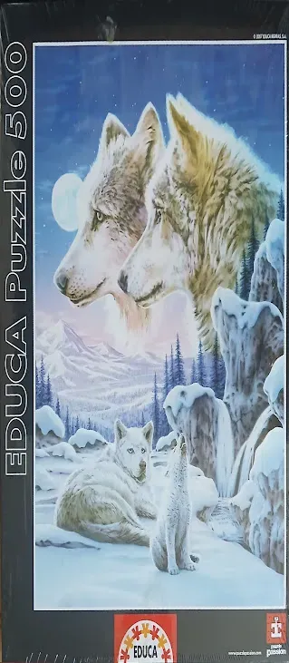 Illustration of two large wolf faces in a night sky above a snowy mountain scene with two smaller wolves.
