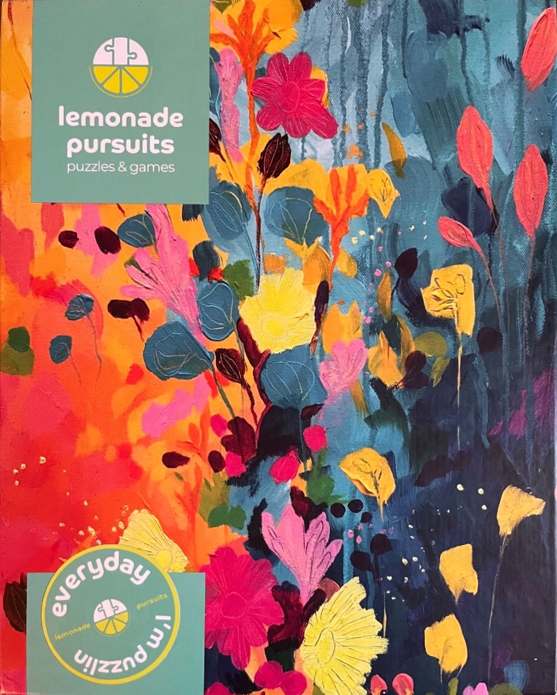 Abstract painting of vibrant flowers and foliage in warm oranges, bright pinks, and deep teals.