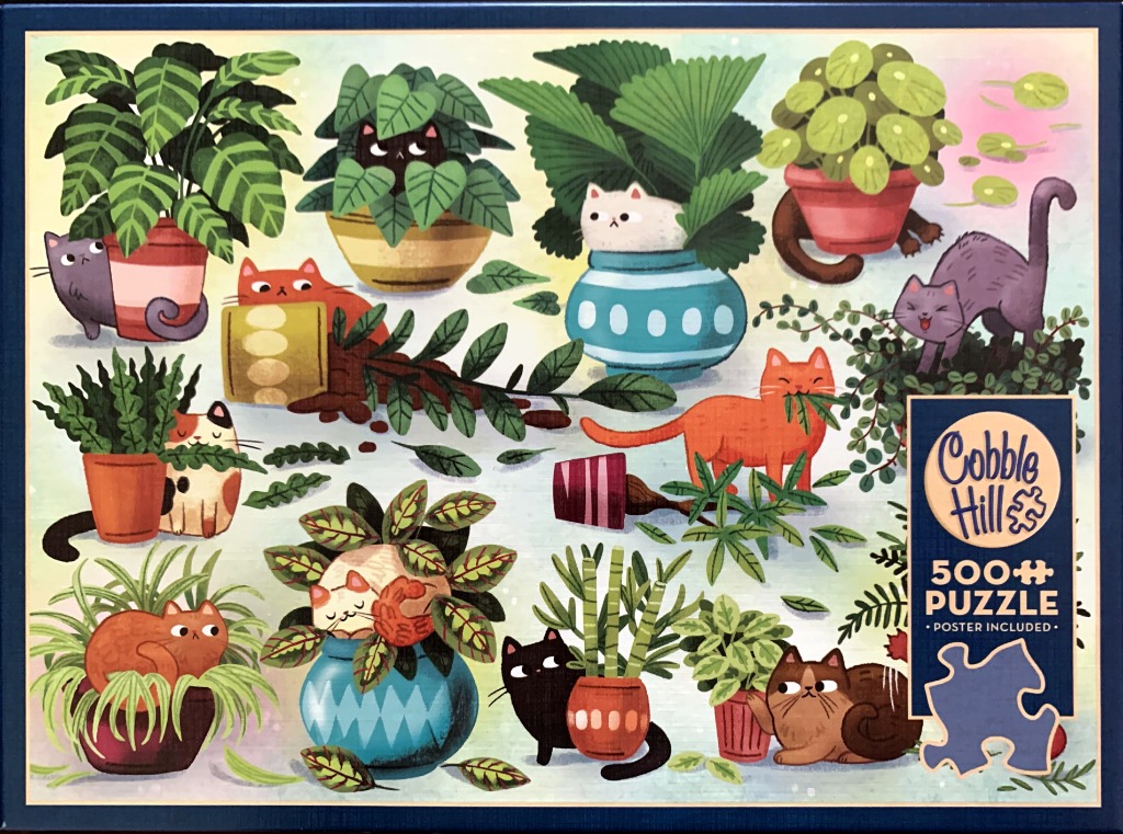 An illustration of various cats interacting playfully with several potted houseplants against a light background.