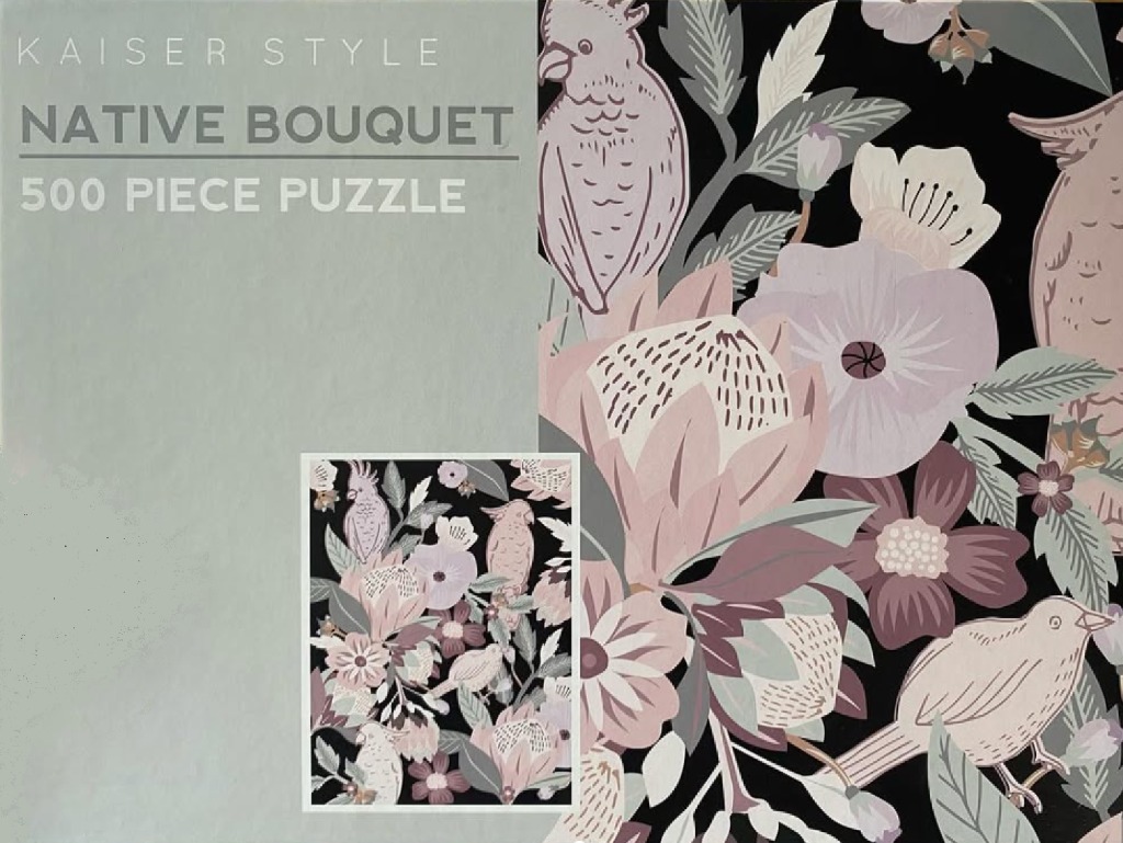 Stylized illustration of Australian native birds and flowers in muted pastel tones on a black background.