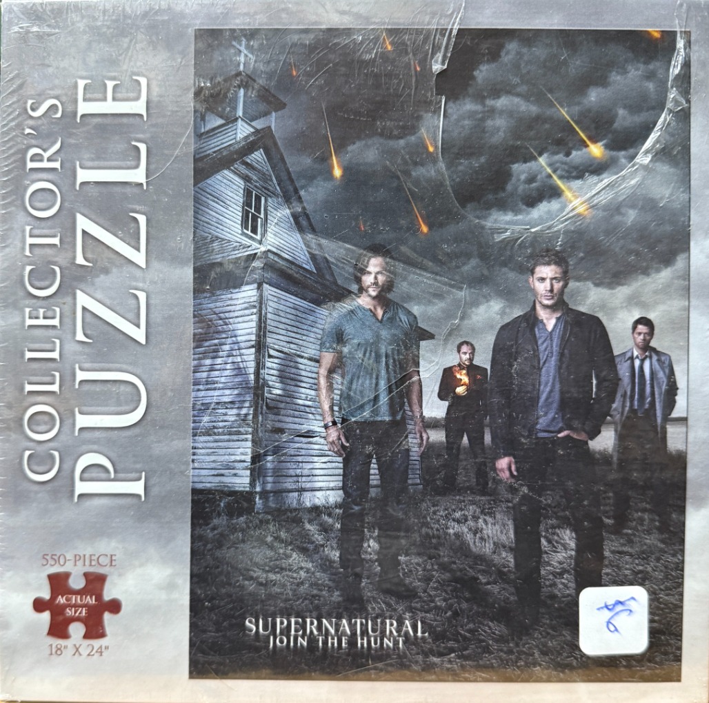 Four characters standing in front of a dilapidated church during a meteor shower.