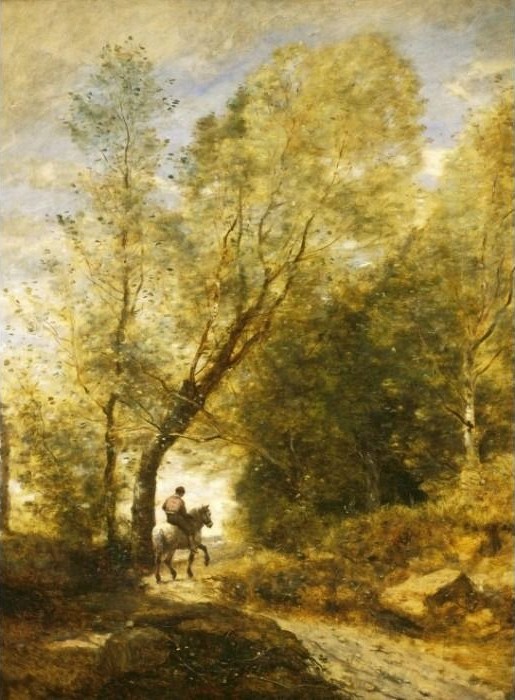 An oil painting of a lone rider on a white horse traveling along a path through a sun-dappled forest.
