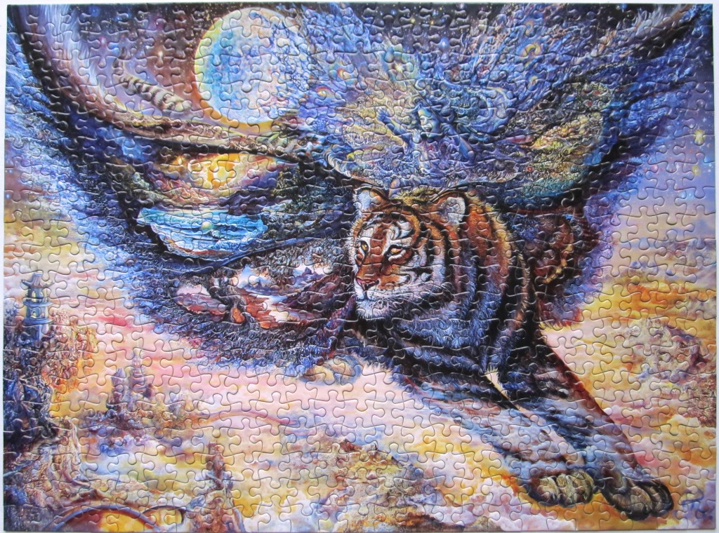 A fantasy illustration of a tiger with vast, cosmic wings soaring through a surreal, celestial landscape.