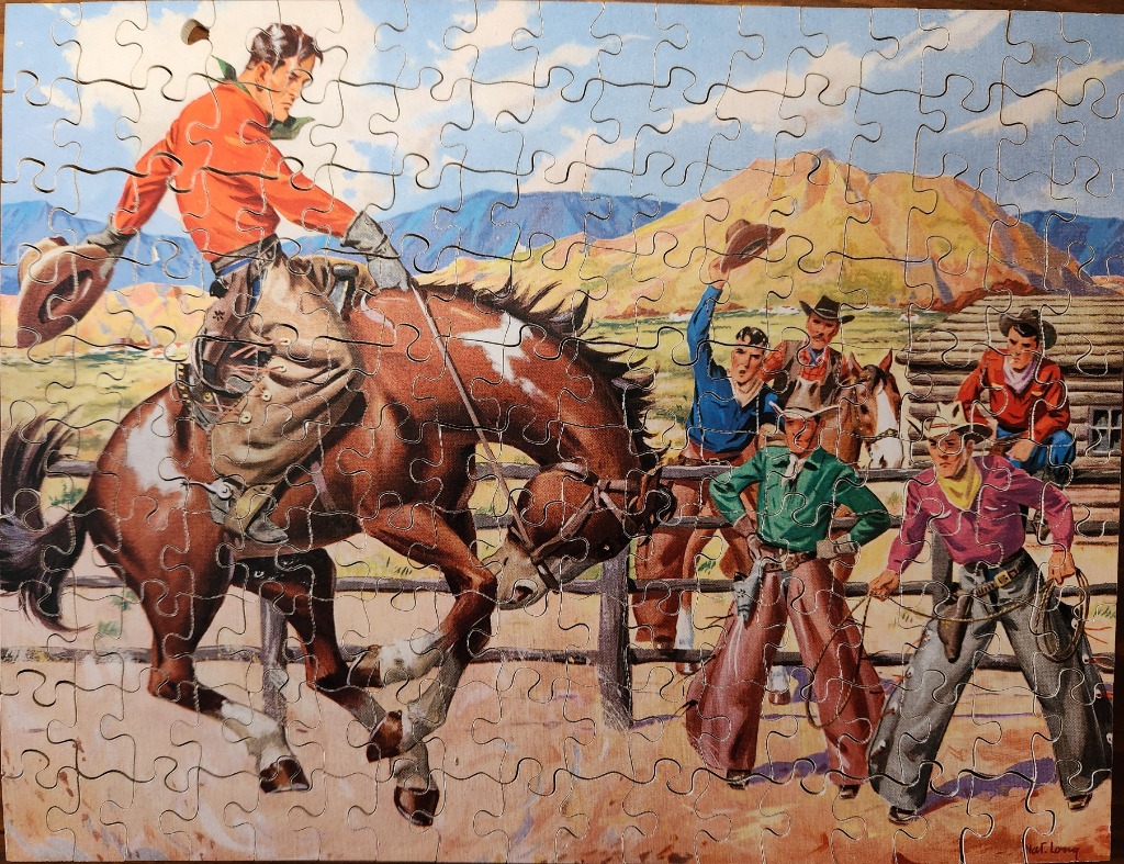 A vintage illustration of a cowboy riding a bucking horse while other cowboys watch from a fence.