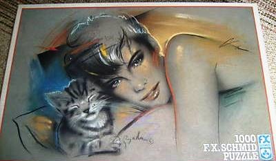Pastel-style illustration of a woman leaning against a kitten with a soft, artistic aesthetic.