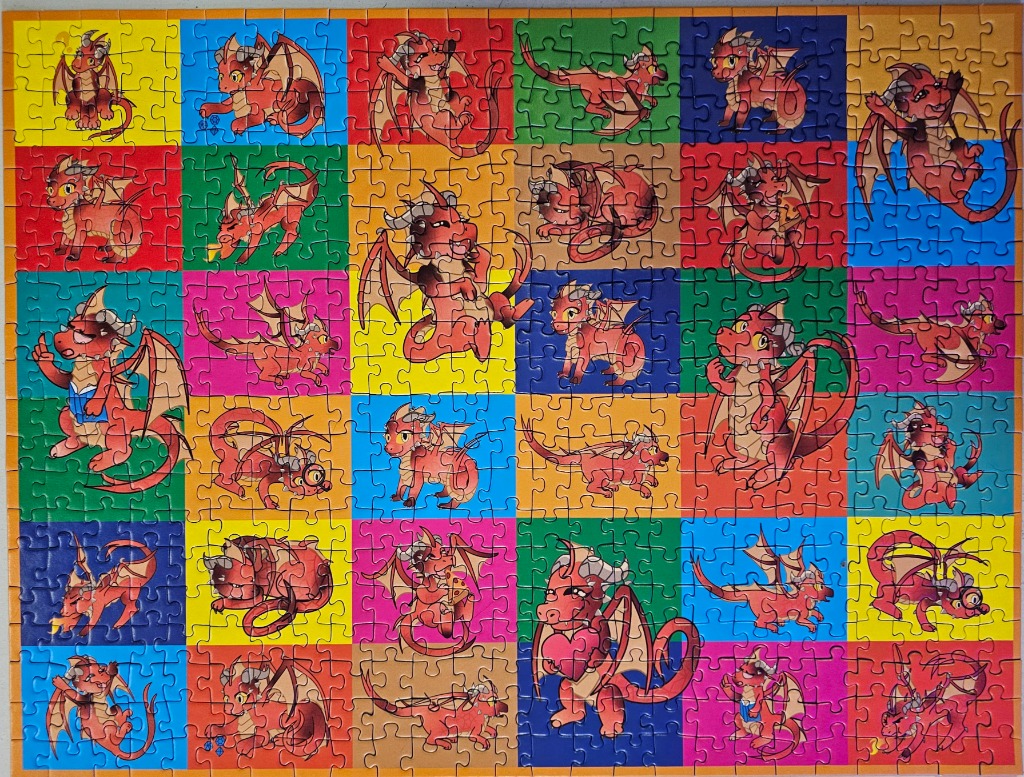 A grid of 30 colourful squares featuring cute baby dragon illustrations.