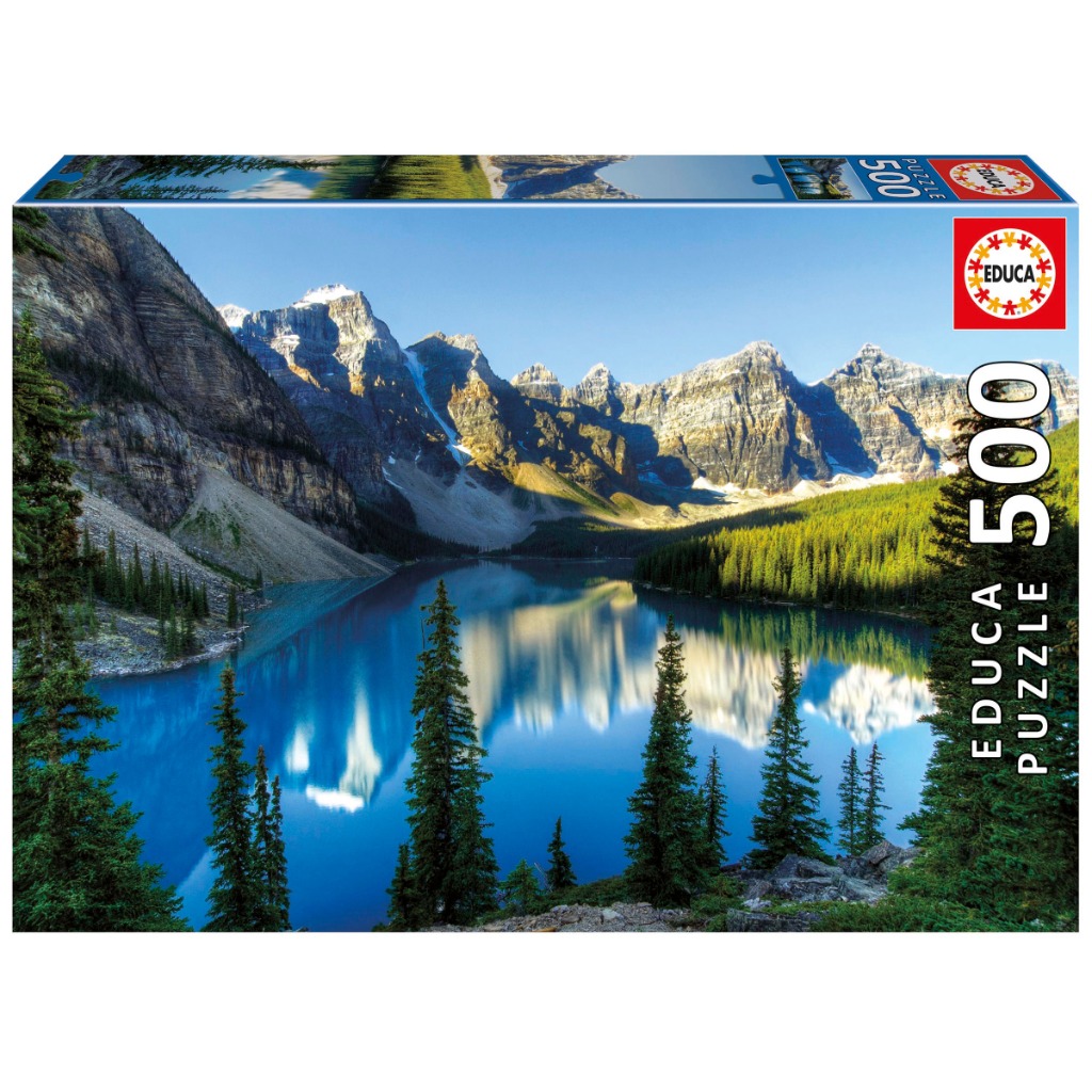 A scenic photograph of Moraine Lake surrounded by the Valley of the Ten Peaks in Banff National Park.