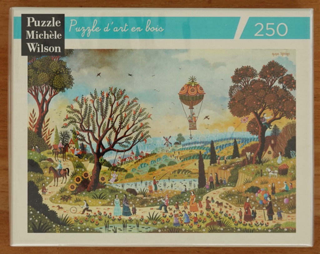 A detailed folk art illustration of a countryside landscape featuring a hot air balloon, lush trees, and many people.