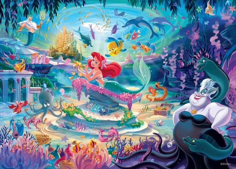 An underwater scene featuring a red-haired mermaid among various sea creatures and a castle in the background.