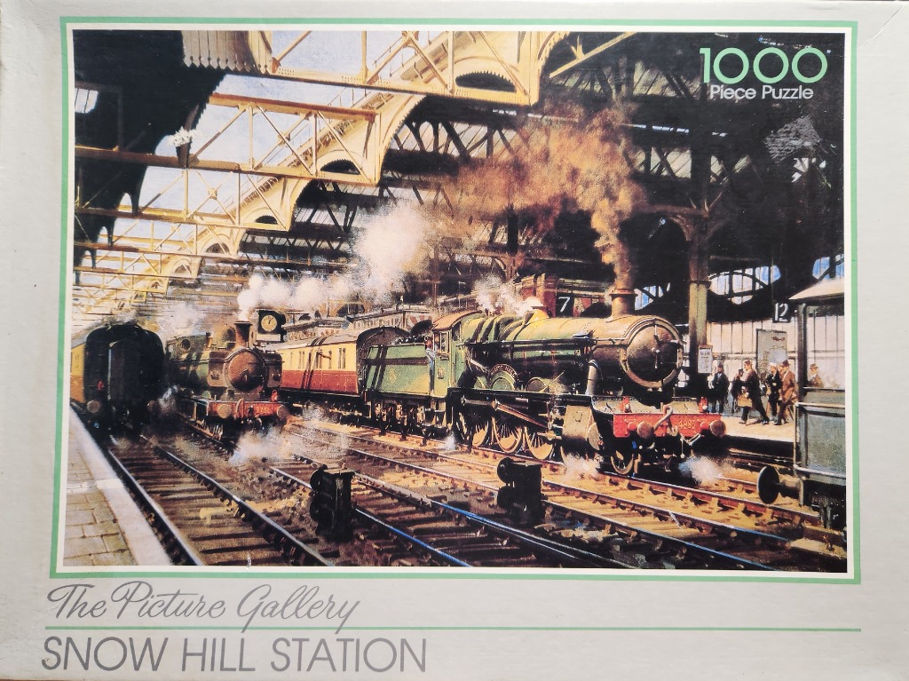 A detailed painting of steam locomotives at a historic train station with a high glass roof.