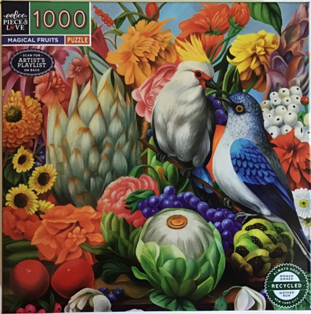 Two birds perched amidst vibrant tropical flowers and exotic fruits in a lush, painterly illustration.