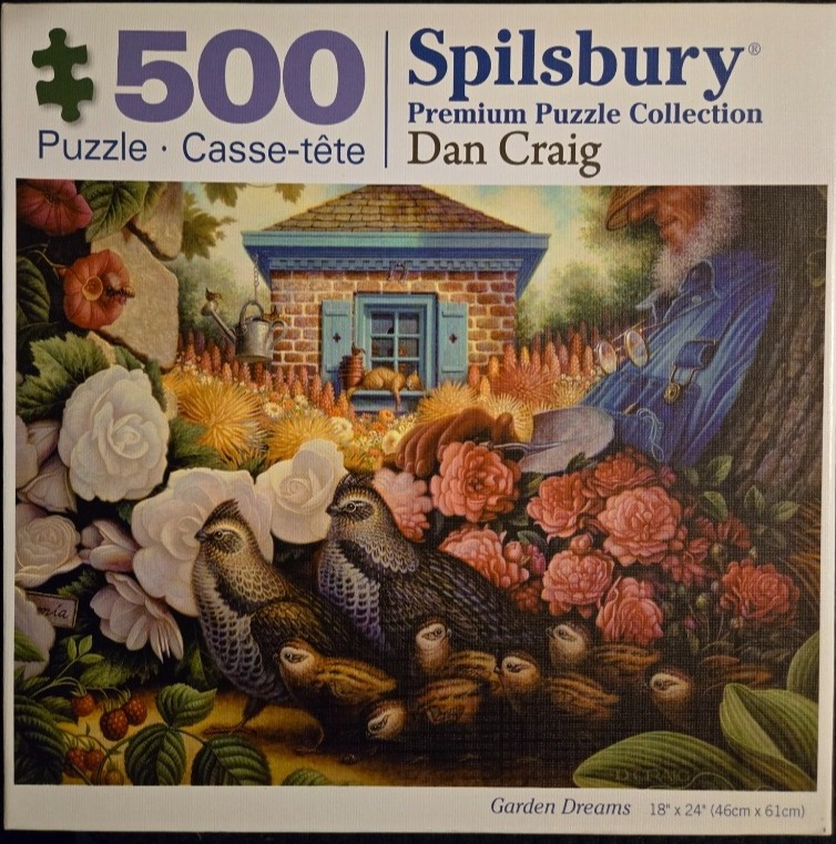 A whimsical illustration of a bearded gardener resting near a small brick house surrounded by a family of quail.