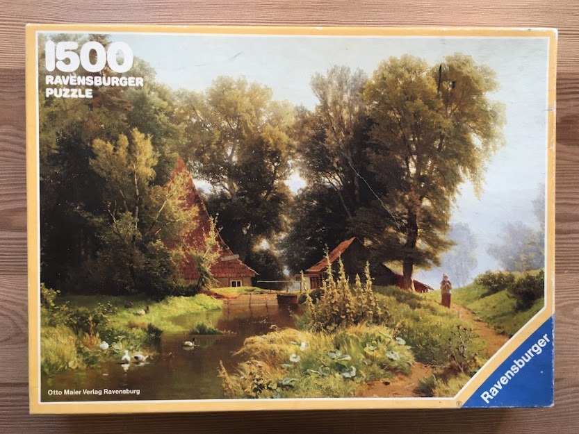 Oil painting of a tranquil rural scene with a cottage, a small stream, ducks, and a person walking on a path.