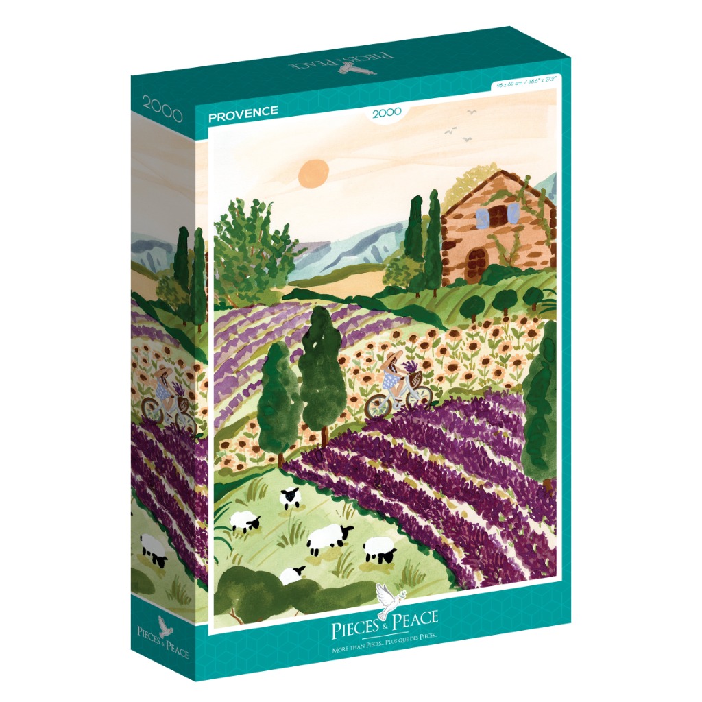 An illustration of a sunlit Provence landscape with lavender fields, a stone house, sunflowers, and sheep.