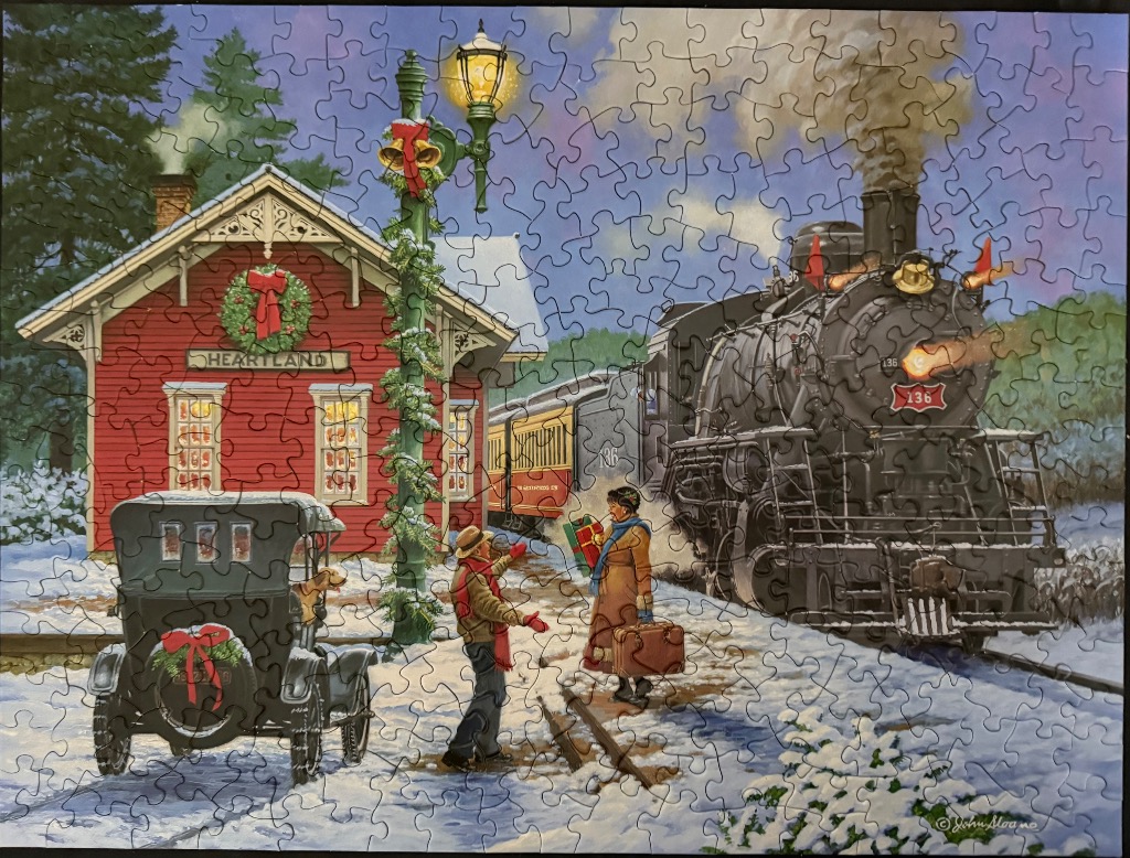 A festive illustration of a steam train at a snowy station with passengers meeting by a vintage car.