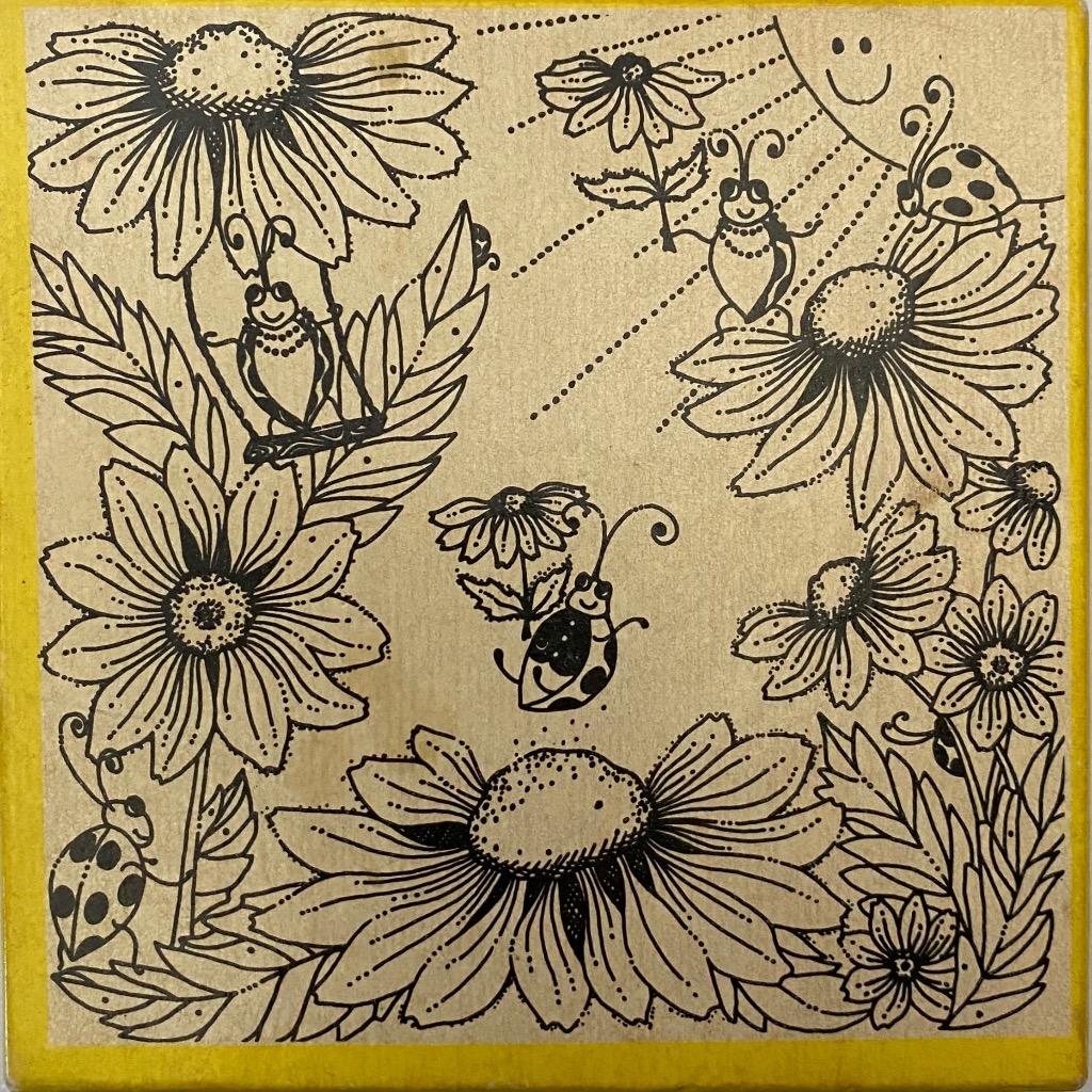 Whimsical line art illustration of ladybugs playing among daisies on a tan background.