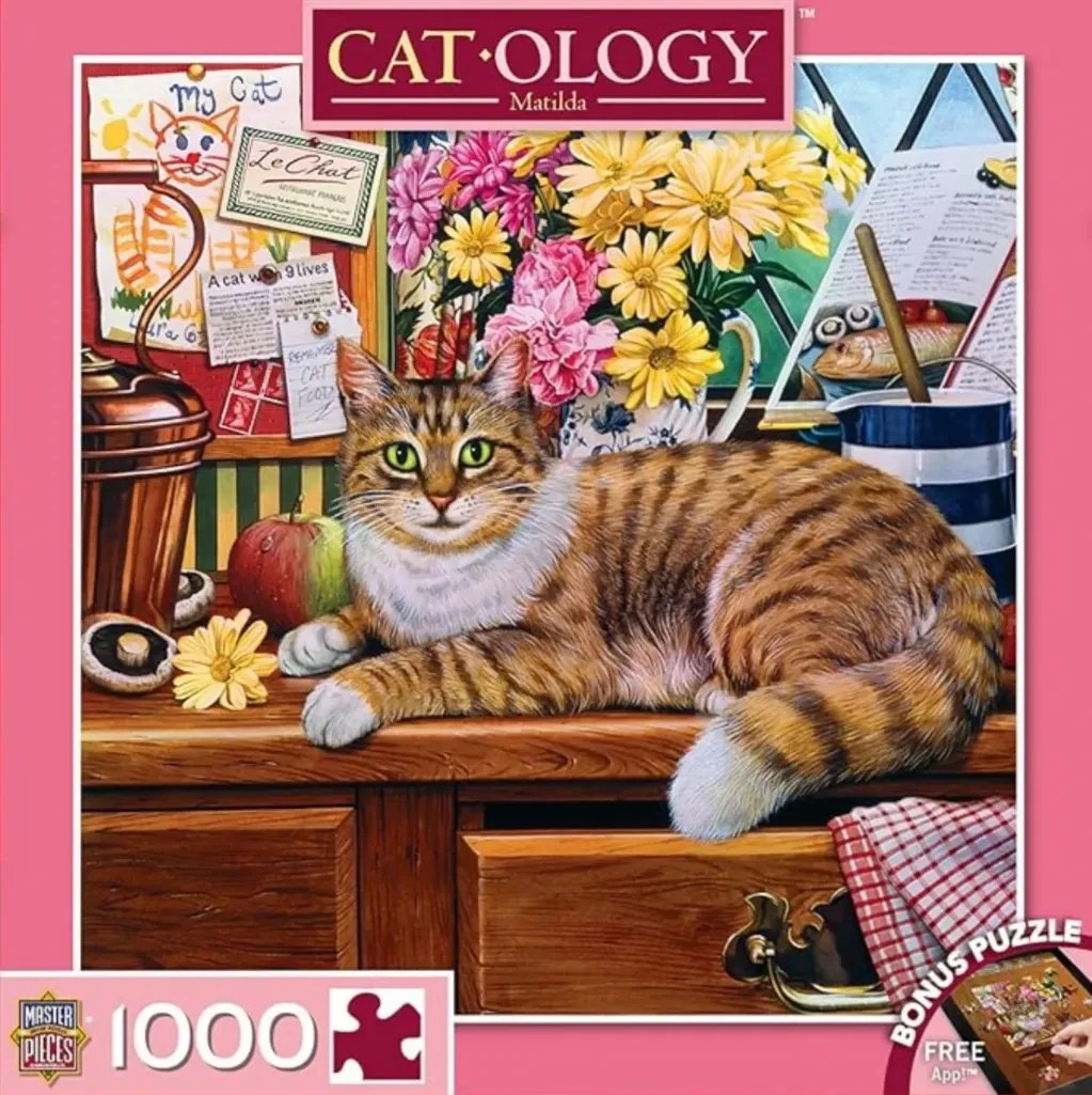 A tabby cat resting on a rustic wooden dresser surrounded by flowers, kitchen items, and a child