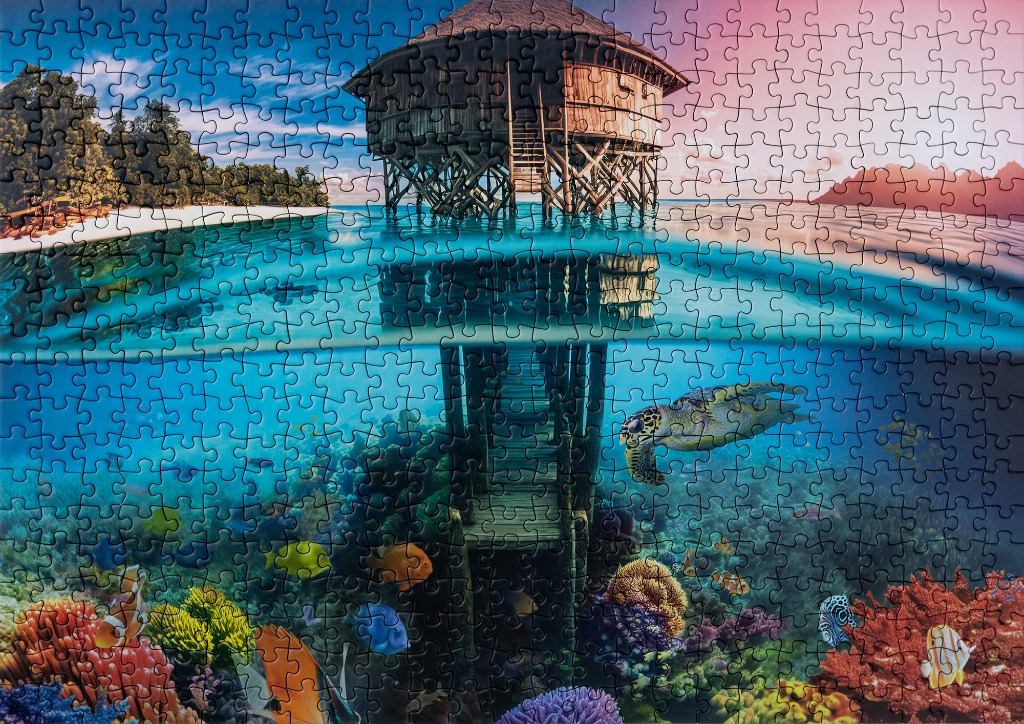 A split-level view of a tropical hut over clear blue water with an underwater reef scene below.