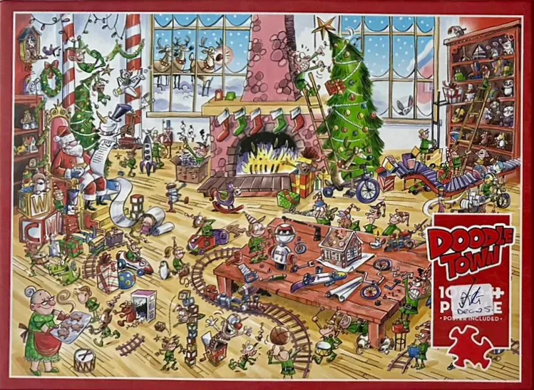 A busy cartoon illustration of Santa's workshop filled with elves, toys, and holiday decorations.