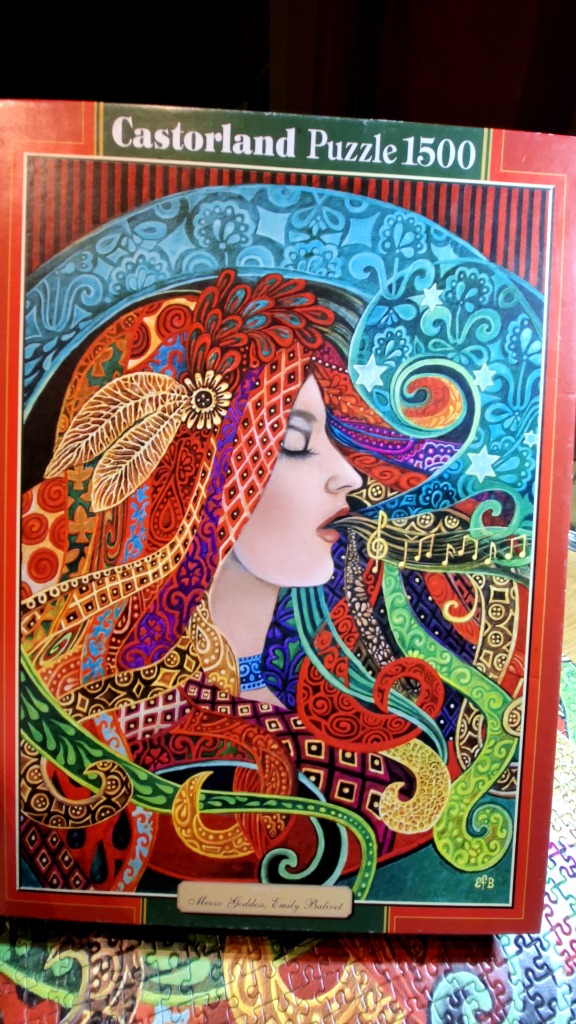 Artistic illustration of a woman in profile surrounded by vibrant, patterned flourishes and musical notes.