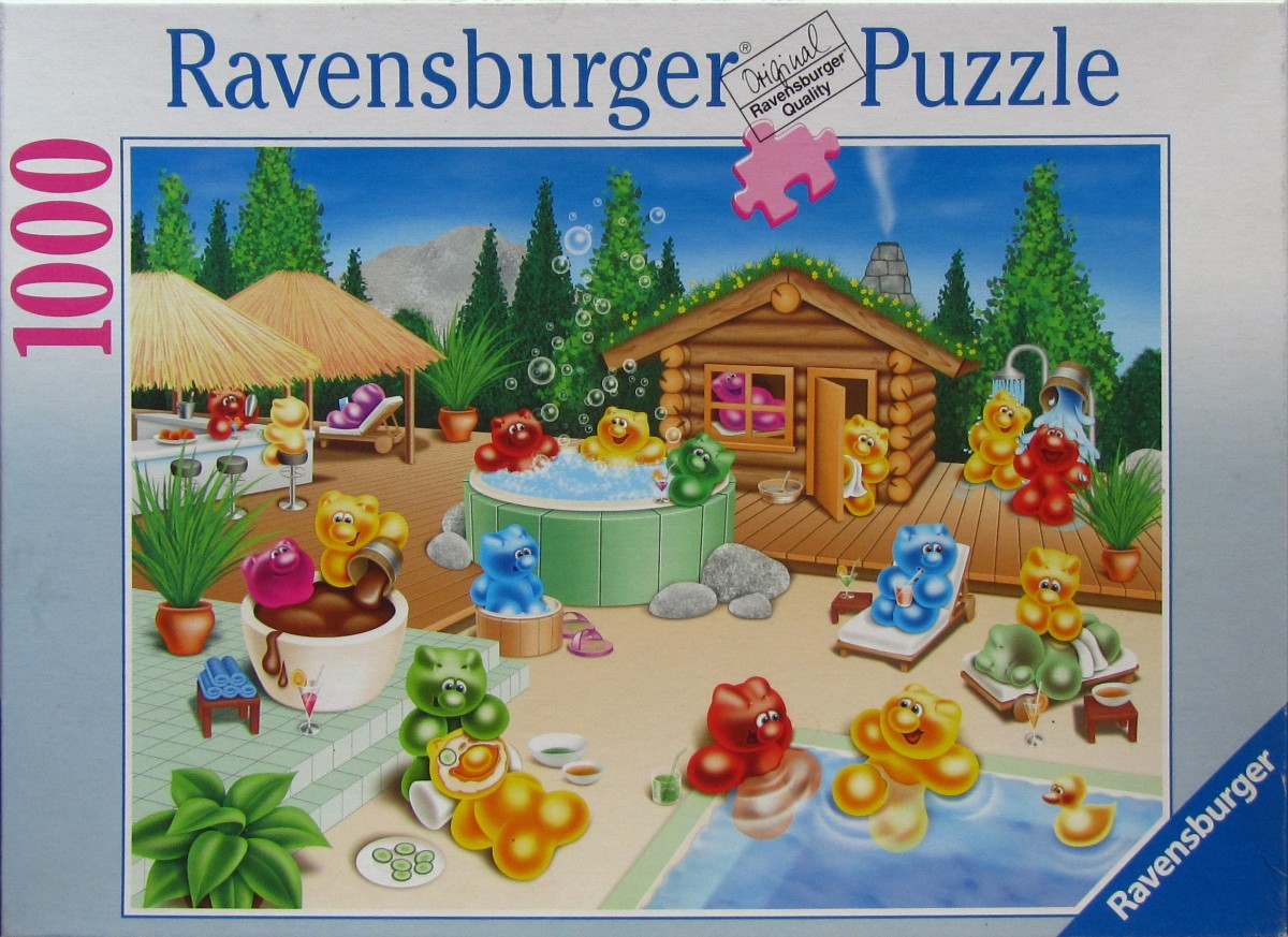 A whimsical illustration of colorful gummy bears enjoying a spa day at a mountain resort.
