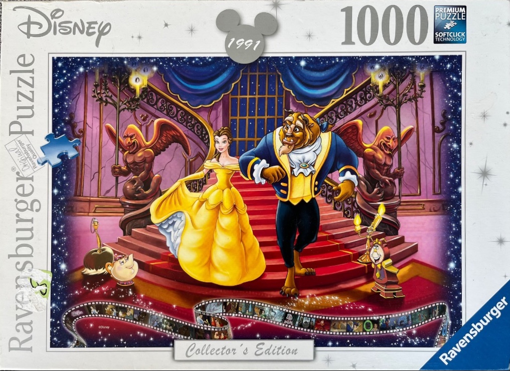 Belle and the Beast dancing on a grand staircase in a castle ballroom with decorative gargoyles and film strip border.