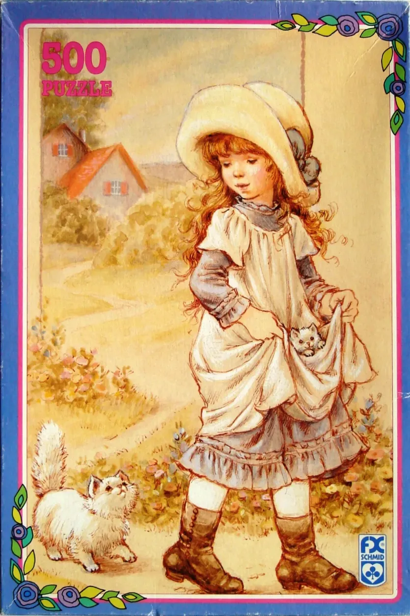 A vintage-style illustration of a young girl in a sun hat walking outdoors while carrying a small kitten in her apron.