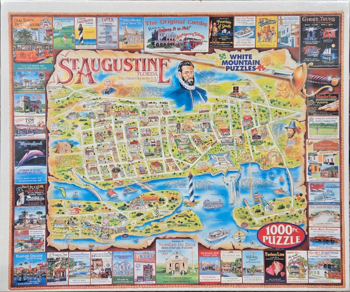 An illustrated map of St. Augustine, Florida, surrounded by a border of various local tourist attractions.