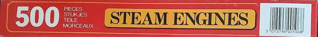 Text reading 500 Pieces and Steam Engines on a bright red background.