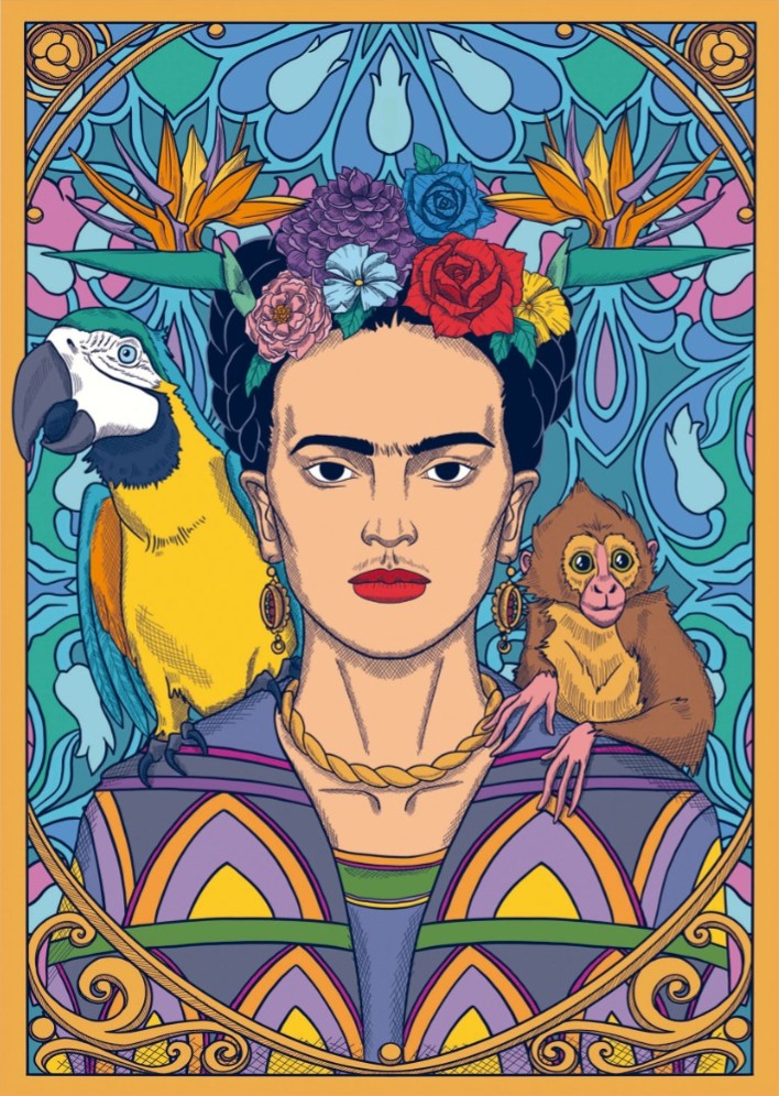 Artistic illustration of a woman with a macaw and a monkey, framed in an ornate, colorful floral style.