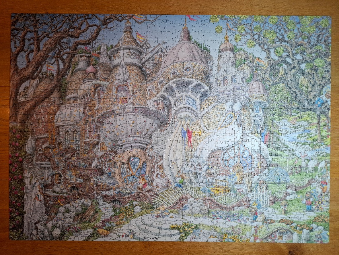 An intricate, whimsical fantasy castle nestled among gnarled trees and lush gardens in a detailed illustration.