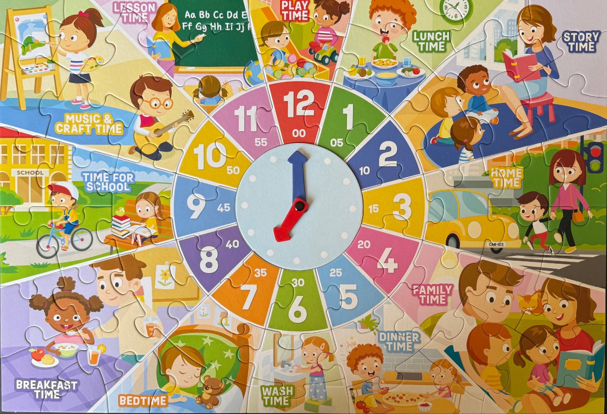 A colorful circular chart illustrating daily activities for children with a clock face in the center.