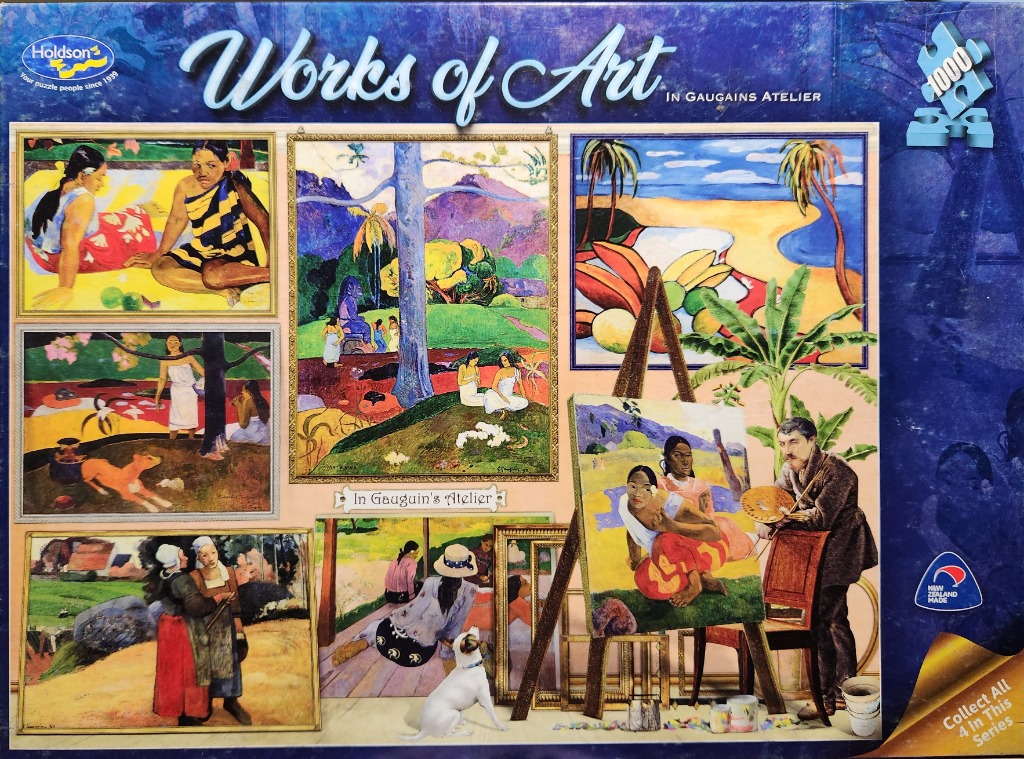 A collage of Paul Gauguin paintings featuring a studio scene with an artist painting at an easel.