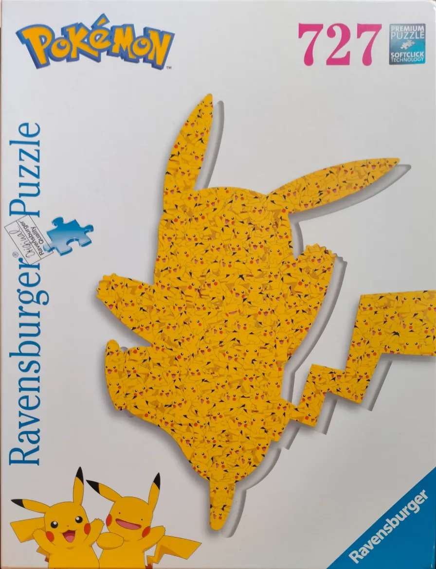 A montage of many Pikachu characters forming a large silhouette of Pikachu against a white background.