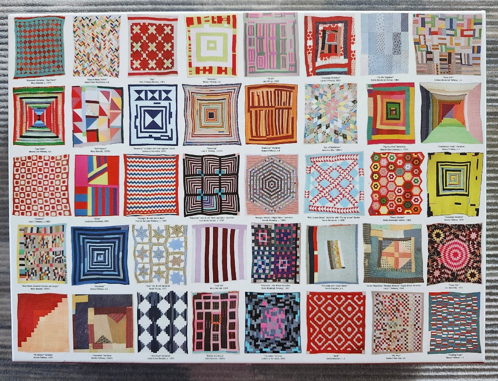 A grid of 42 diverse handmade quilt designs displayed on a white background.